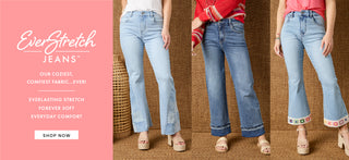 Promotional banner for EverStretch Jeans with models wearing light blue jeans on a pink and brown background.