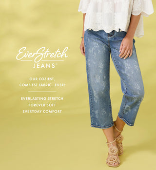 Person wearing EverStretch jeans on a yellow background with product description text.