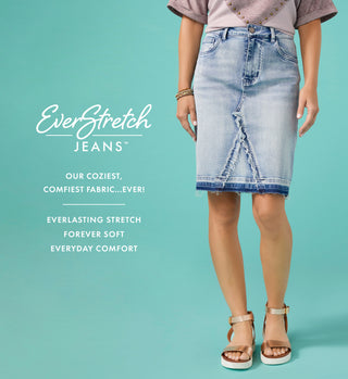 Person wearing a denim skirt with EverStretch Jeans branding on a teal background