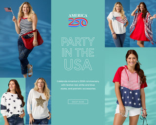 Promotional graphic for America's 250th anniversary with people wearing patriotic clothing.