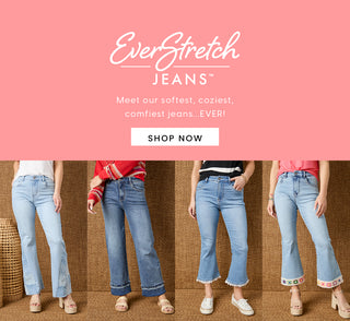Promotional banner for EverStretch Jeans with models wearing different styles of jeans on a pink background.