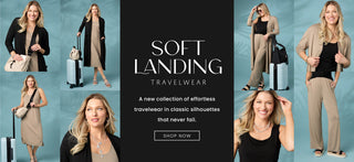 Promotional image for Soft Landing travelwear collection with model wearing various outfits.