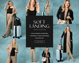 Collage of a woman in travel wear with promotional text for Soft Landing Travelwear on a blue background.