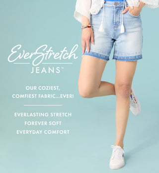Person wearing denim shorts with 'EverStretch Jeans' text on a light blue background