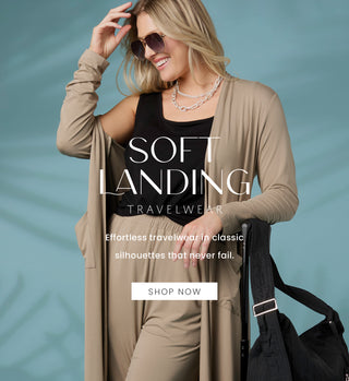 Woman in stylish outfit with 'Soft Landing Travelwear' text on a blue background