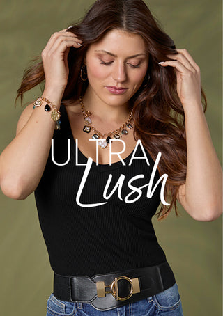 Woman wearing jewelry with 'Ultra Lush' text overlay on a green background