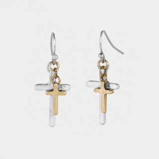 Mixed Metal Layered Cross Dangle Earrings