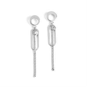 Oval Frame Chain Dangle Earrings - Silver