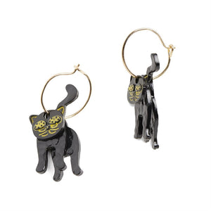 Halloween Enamel Hoop Earrings - Black Cat - Gold