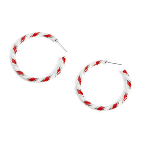 Holiday Enamel Earrings - Silver Candy Cane Hoop - Silver