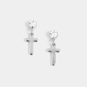 Clear Stone Cross Dangle Earrings - Silver - Silver