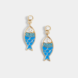 Enamel Stone Fish Dangle Earrings - Blue