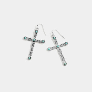 Whispers Turquoise Embellished Cross Earrings - Silver