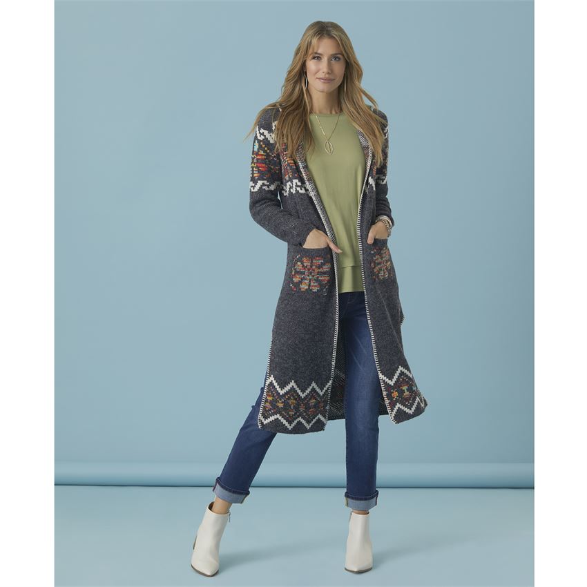 Taryn Long Hooded Aztec Cardigan with Whipstitch Border - Charcoal/Multi