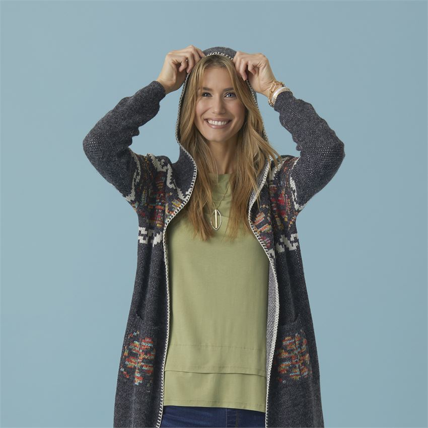 Taryn Long Hooded Aztec Cardigan with Whipstitch Border - Charcoal/Multi