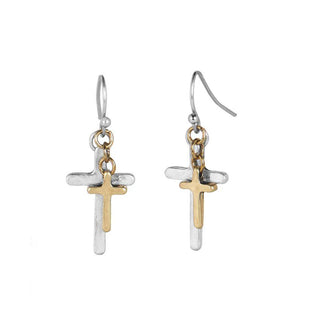 Mixed Metal Layered Cross Dangle Earrings - Mixed