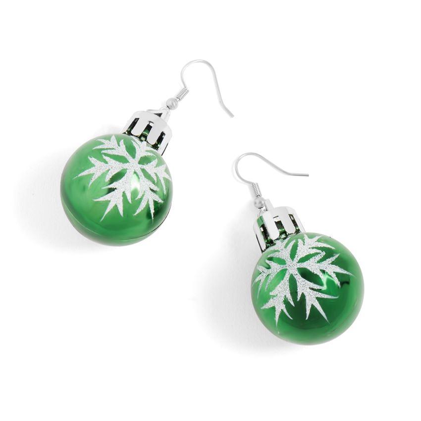 Christmas Bulb Dangle Earrings - Green Snowflake - Green