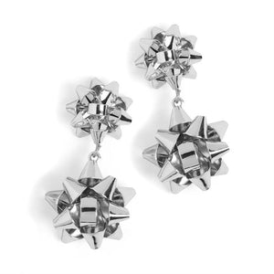 Christmas Bow Dangle Earrings - Silver