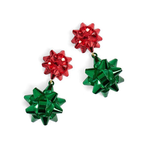 Christmas Bow Dangle Earrings - Red/Green