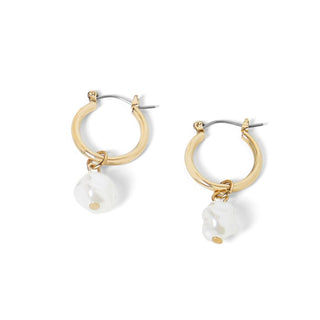Small Gold Hoop with Pearl Dangle Earrings - Gold