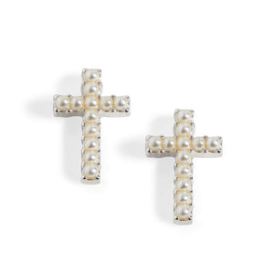 Small Cross w/ Pearls Stud - Silver