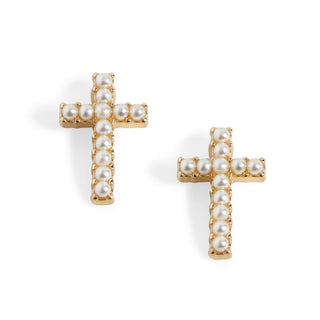 Small Cross w/ Pearls Stud - Gold