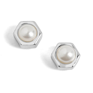 Silver Hexagon Pearl Stud Earrings - Silver